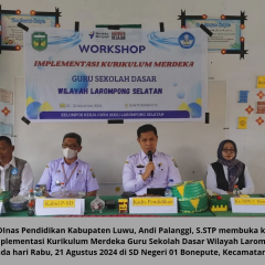 Workshop Implementasi Kurikulum Merdeka Sekolah Dasar Wilayah Larompong Selatan yang dilaksanakan pada hari Rabu, 21 Agustus 2024 di SD Negeri 01 Bonepute Kecamata Larompong Selatan.