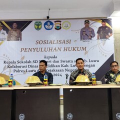 Sosialisasi Penyuluhan Hukum kepada Kepala Sekolah SD Negeri dan Swasta se-Kabupaten Luwu Kolaborasi Dinas Pendidikan Kabupaten Luwu dengan Polres Luwu dan Kejaksaan Negeri Luwu Tahun 2024, Rabu-Kamis, 2-3 Oktober 2024 di Aula Andi Kambo Kantor Bupati